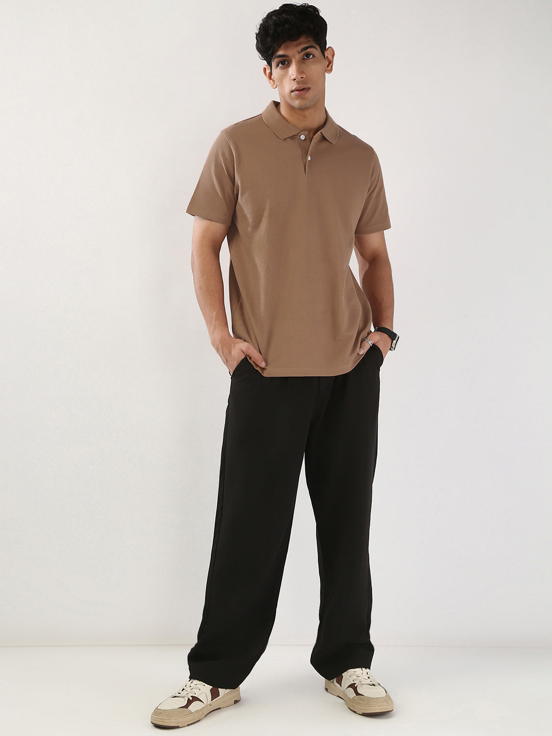 Men's Mocha Mousse Solid Regular Fit Half Sleeve Cotton Polo T-Shirt