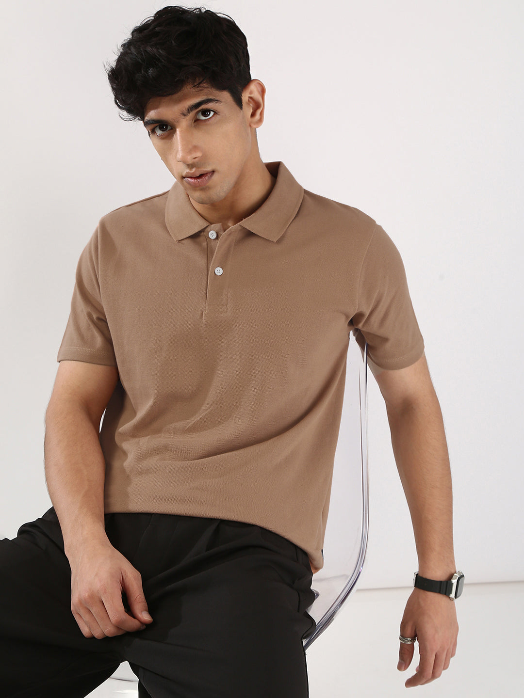 Men's Mocha Mousse Solid Regular Fit Half Sleeve Cotton Polo T-Shirt
