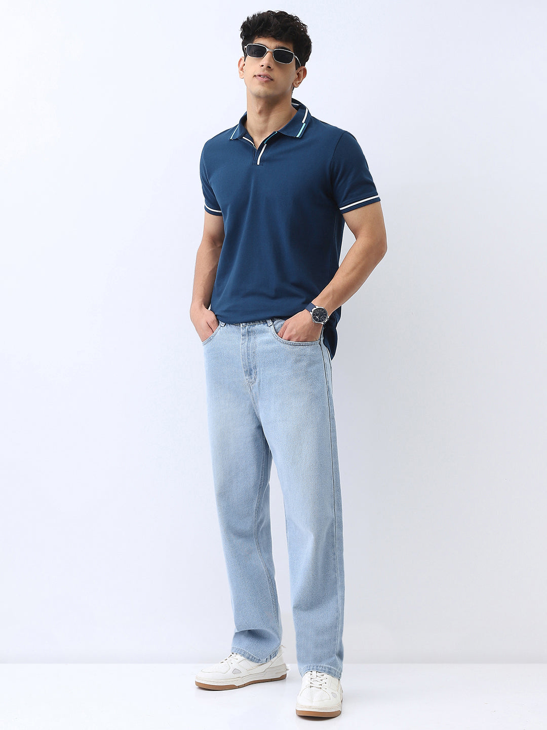 Men's Estate Blue Solid Regular Fit Half Sleeve Cotton Polo T-Shirt