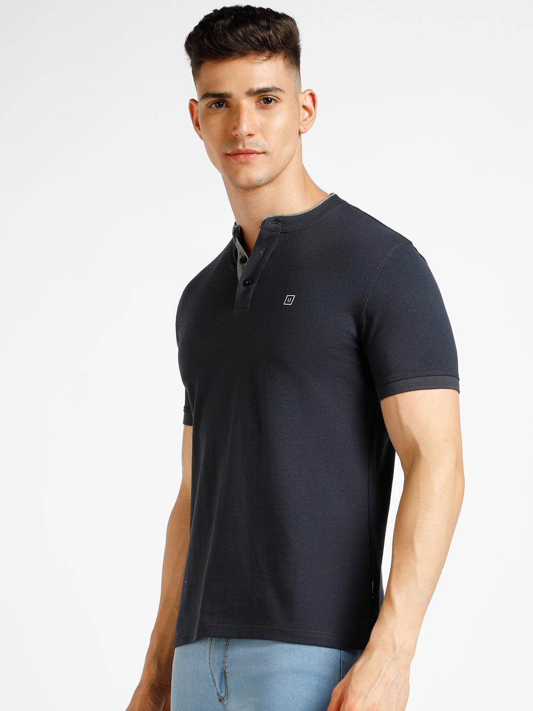 Men's Grey Solid Slim Fit Half Sleeve Cotton Polo T-Shirt with Mandarin Collar