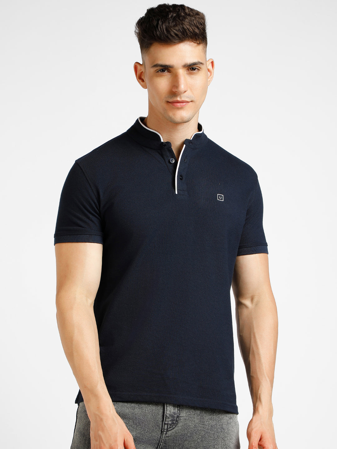 Men's Blue Solid Slim Fit Half Sleeve Cotton Polo T-Shirt with Mandarin Collar