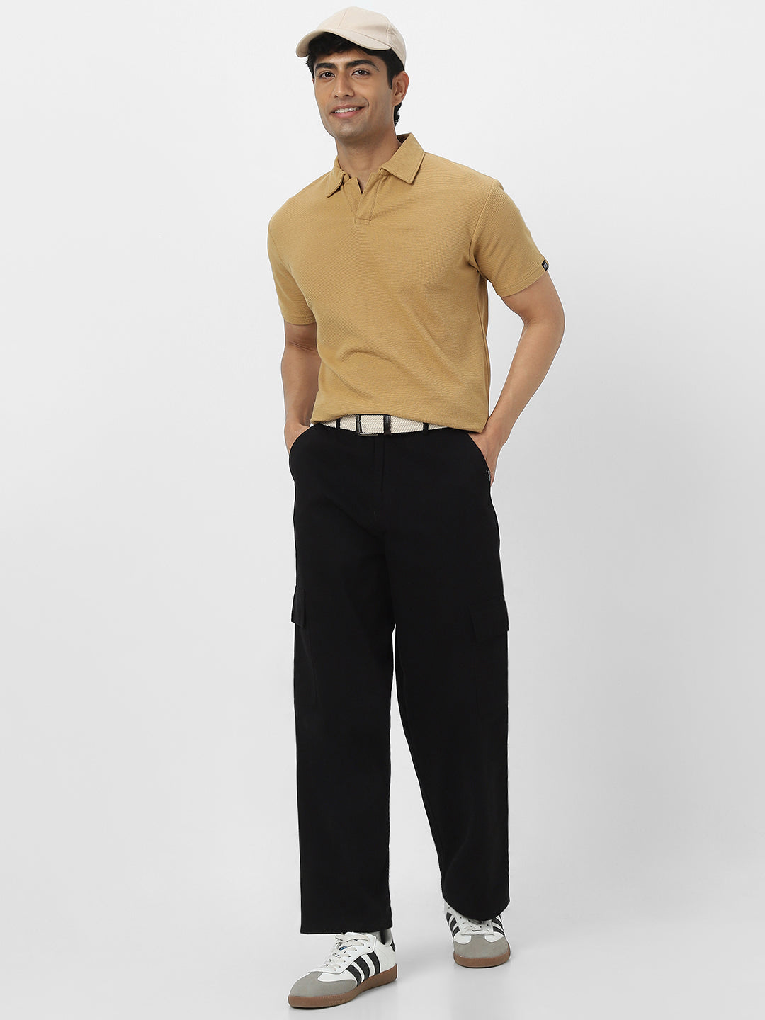 Men's Beige Textured Regular Fit Half Sleeve Cotton Polo T-Shirt