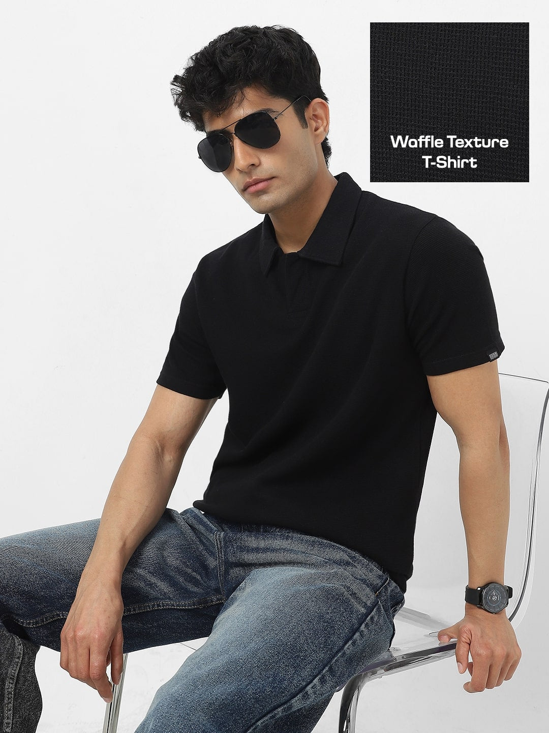 Men's Black Textured Regular Fit Half Sleeve Cotton Polo T-Shirt