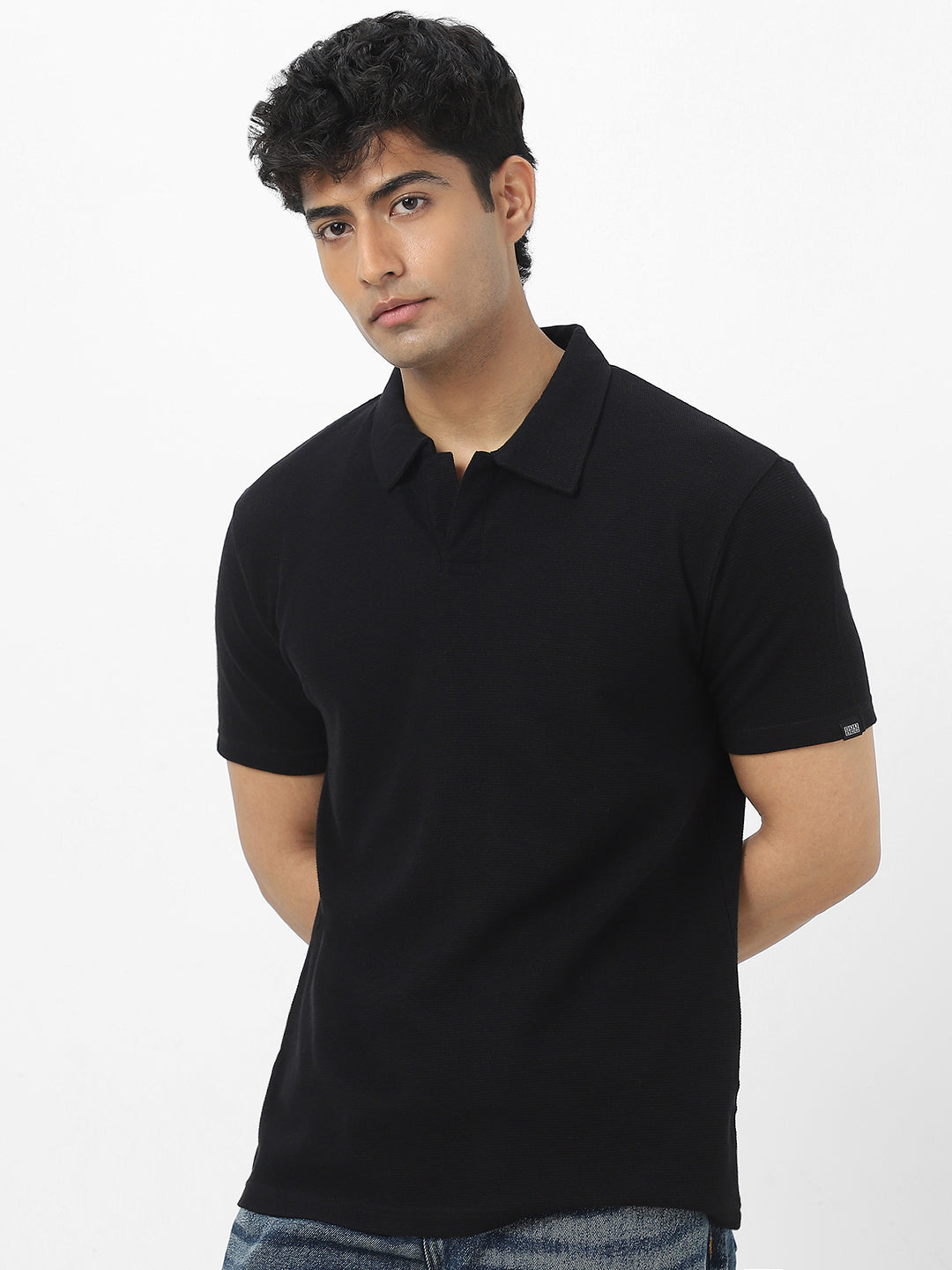 Men's Black Textured Regular Fit Half Sleeve Cotton Polo T-Shirt