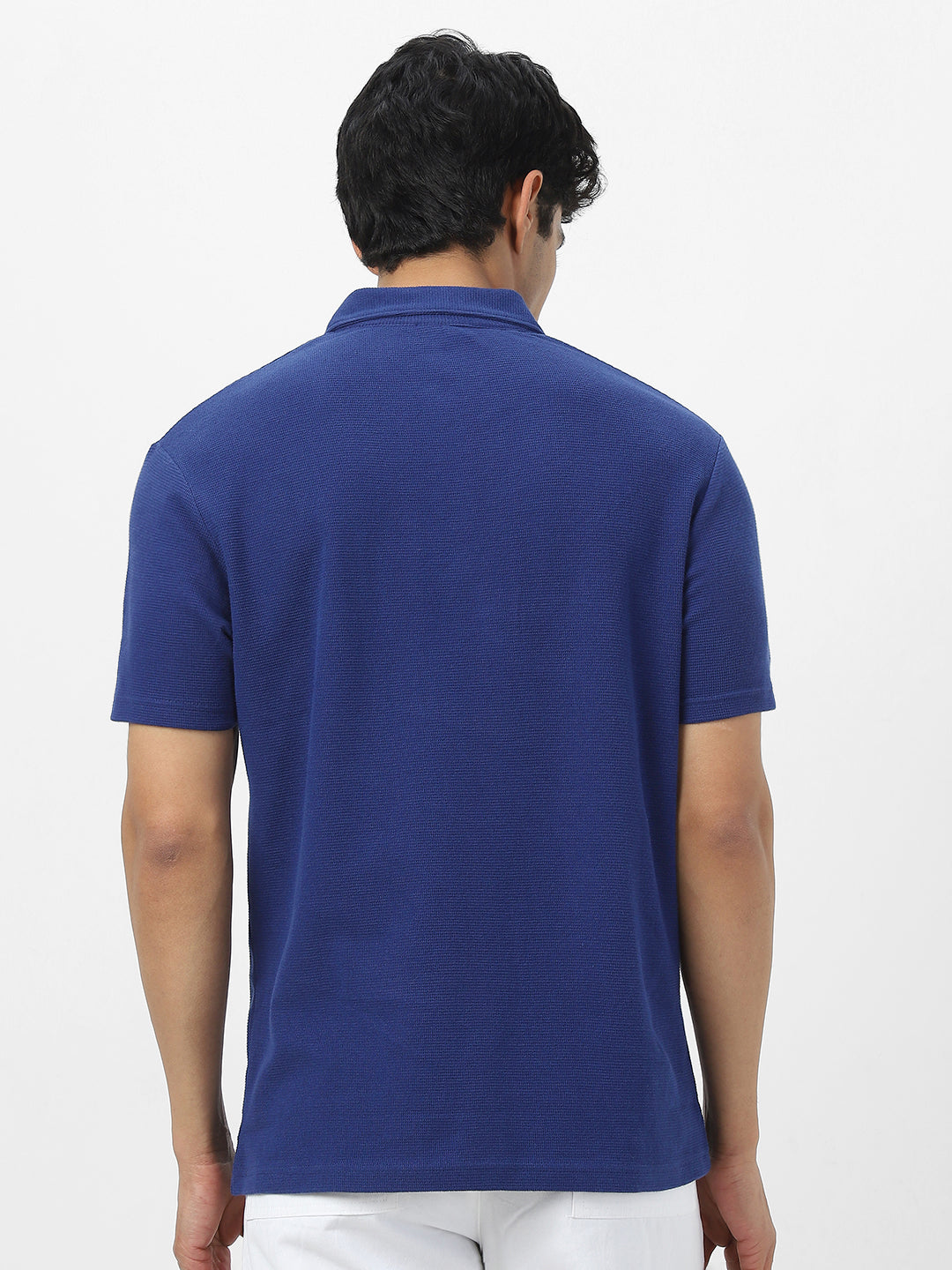 Men's Blue Textured Regular Fit Half Sleeve Cotton Polo T-Shirt