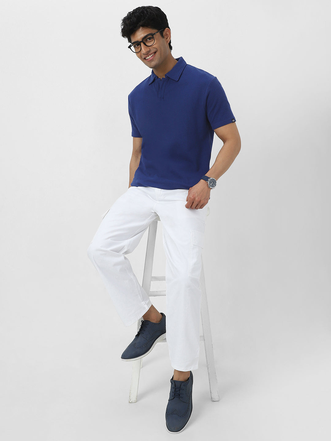Men's Blue Textured Regular Fit Half Sleeve Cotton Polo T-Shirt