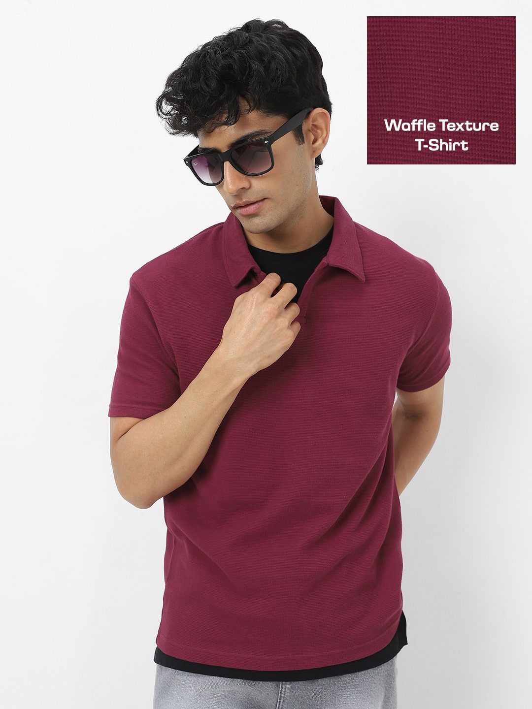 Men's Maroon Textured Regular Fit Half Sleeve Cotton Polo T-Shirt