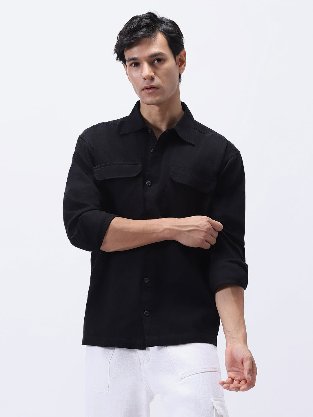 Men's Black Cotton Full Sleeve Relaxed Fit Shacket with Utility Pockets