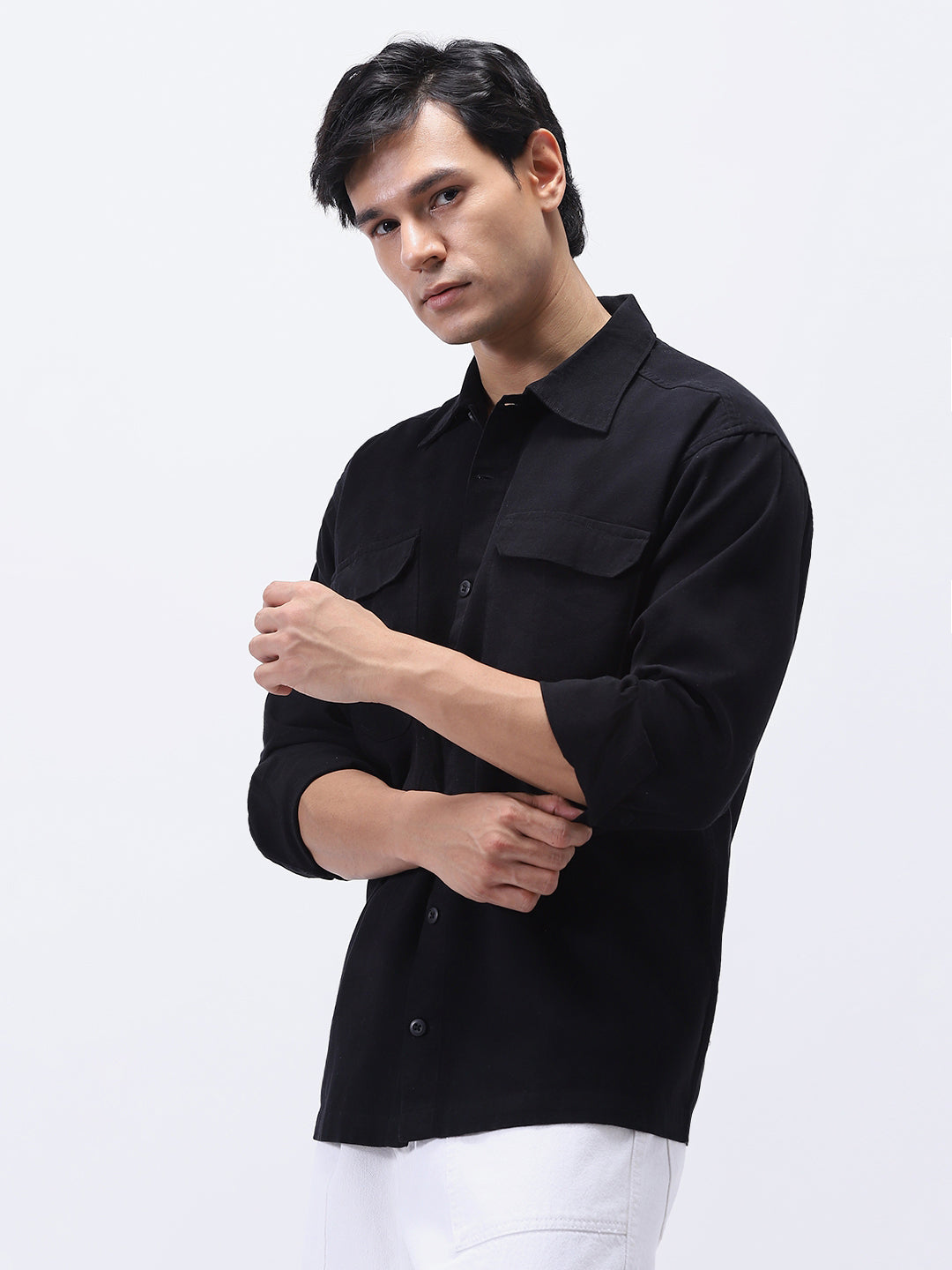 Men's Black Cotton Full Sleeve Relaxed Fit Shacket with Utility Pockets