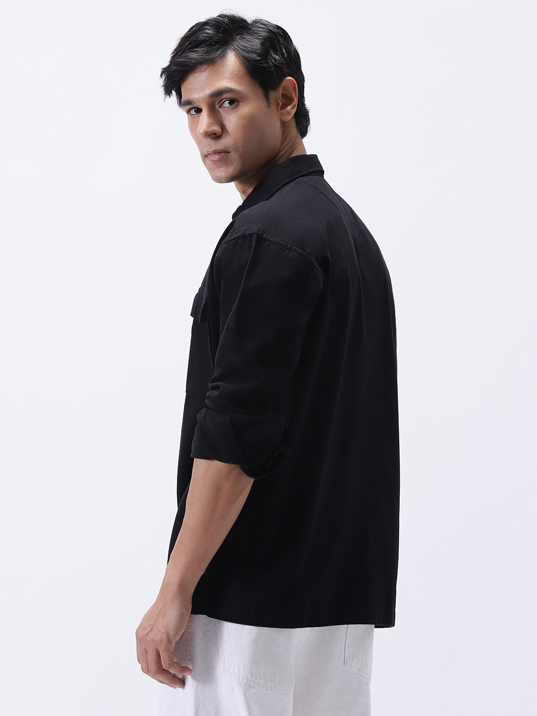 Men's Black Cotton Full Sleeve Relaxed Fit Shacket with Utility Pockets