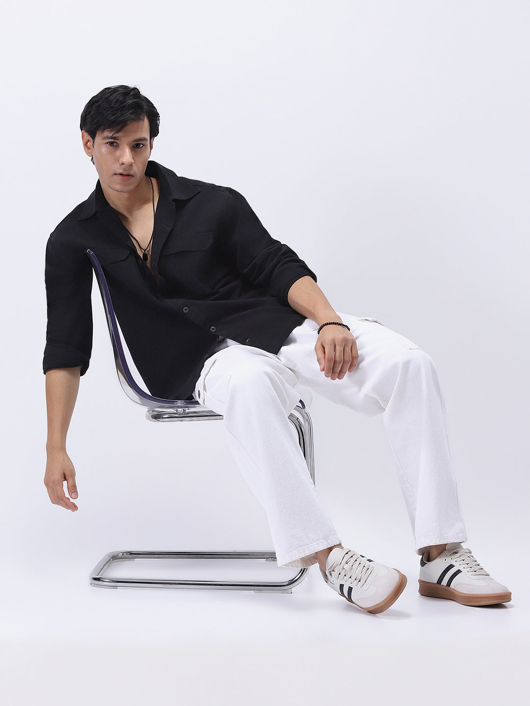 Men's Black Cotton Full Sleeve Relaxed Fit Shacket with Utility Pockets