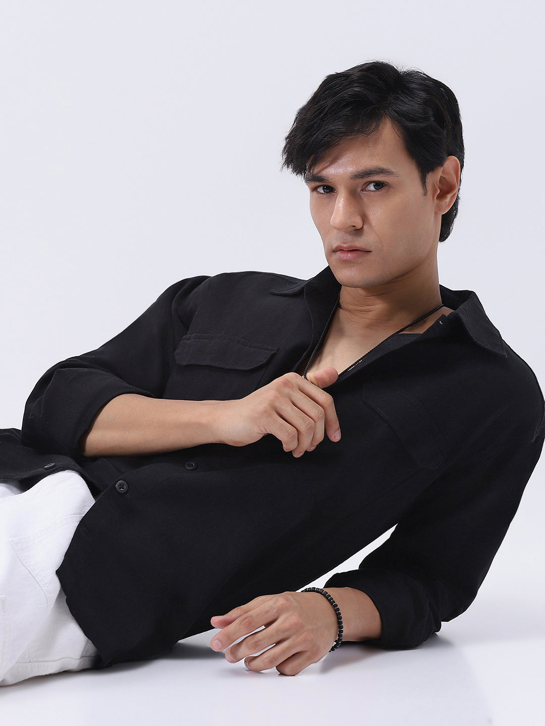 Men's Black Cotton Full Sleeve Relaxed Fit Shacket with Utility Pockets