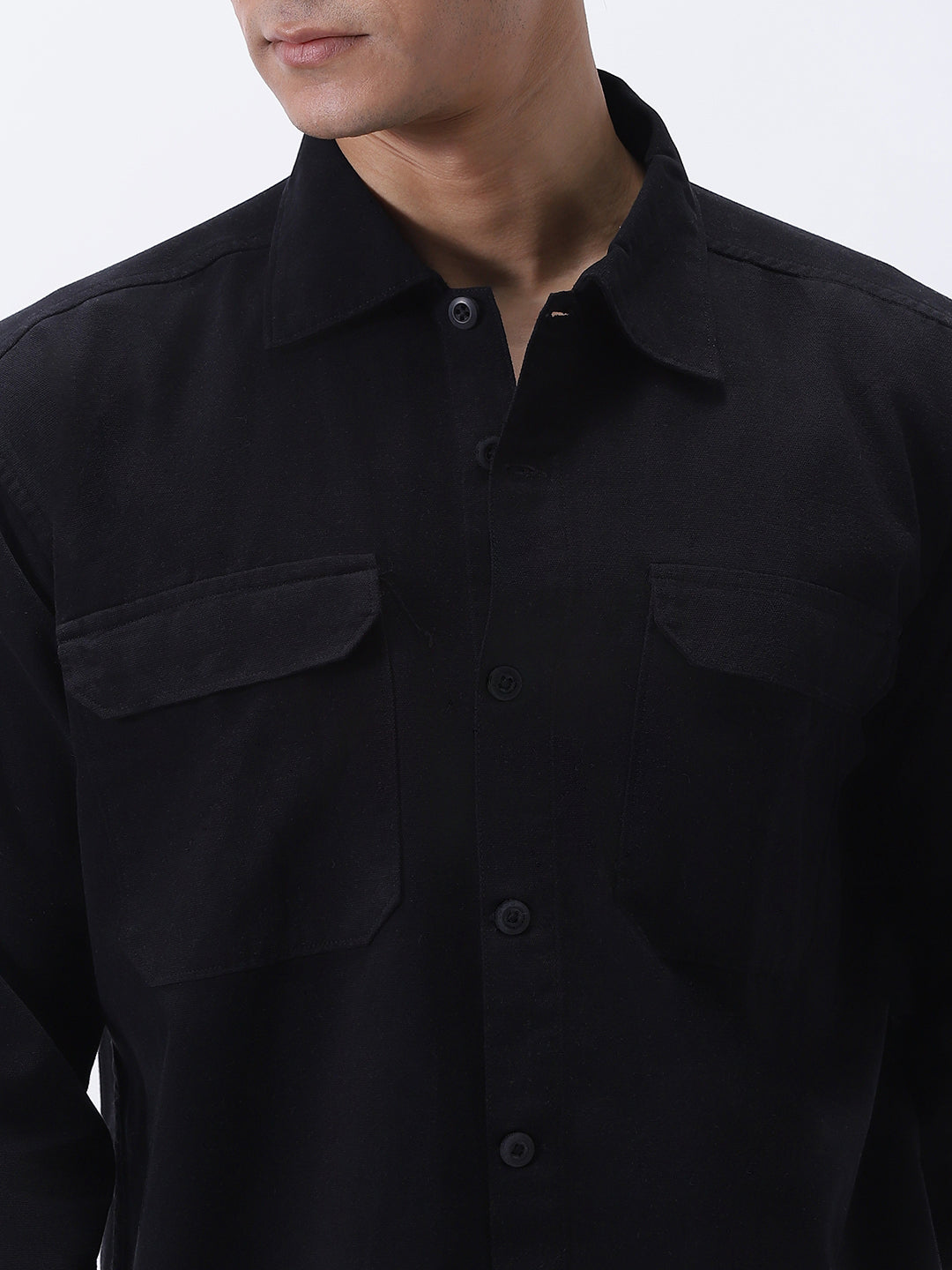 Men's Black Cotton Full Sleeve Relaxed Fit Shacket with Utility Pockets
