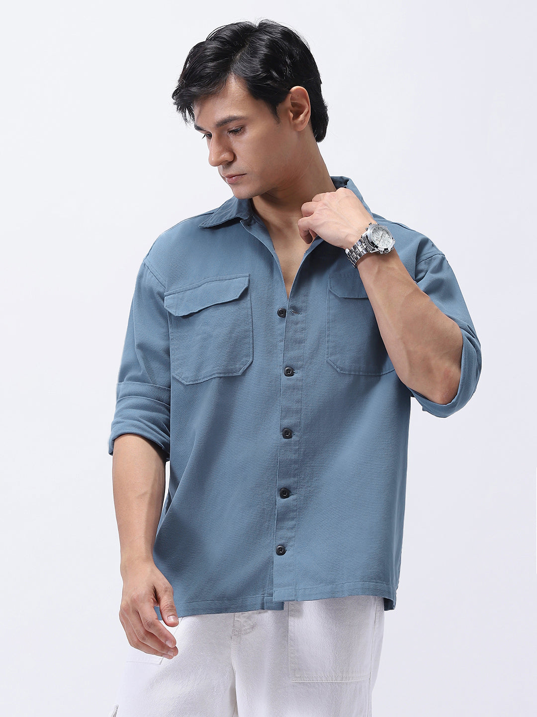 Men's Blue Cotton Full Sleeve Relaxed Fit Shacket with Utility Pockets