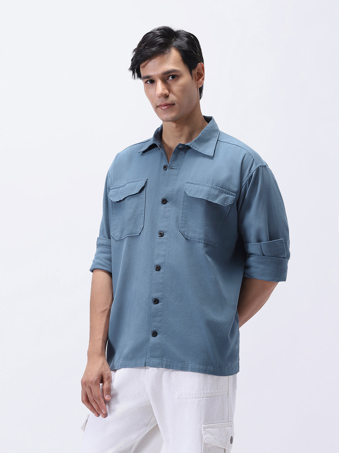 Men's Blue Cotton Full Sleeve Relaxed Fit Shacket with Utility Pockets