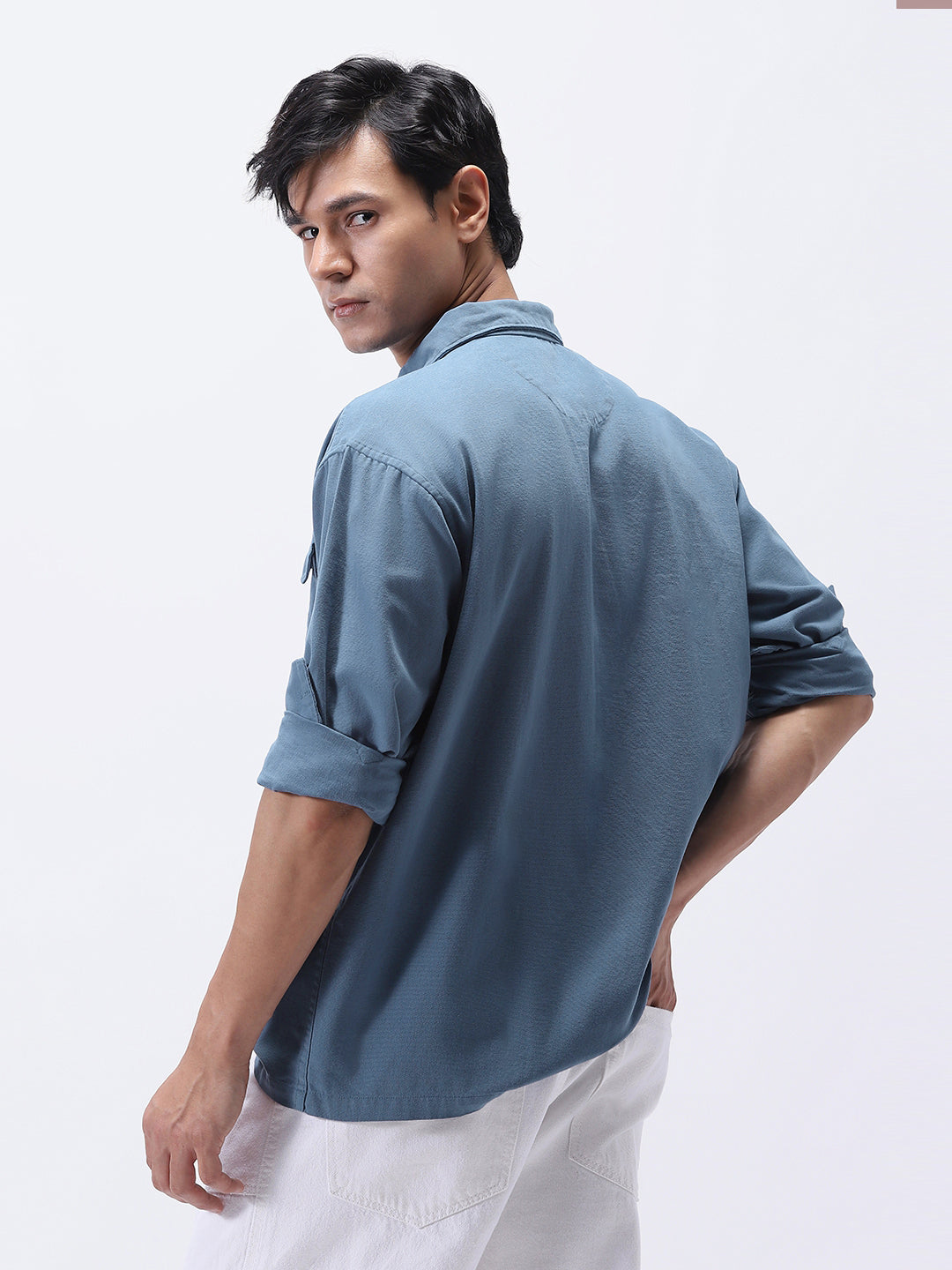 Men's Blue Cotton Full Sleeve Relaxed Fit Shacket with Utility Pockets