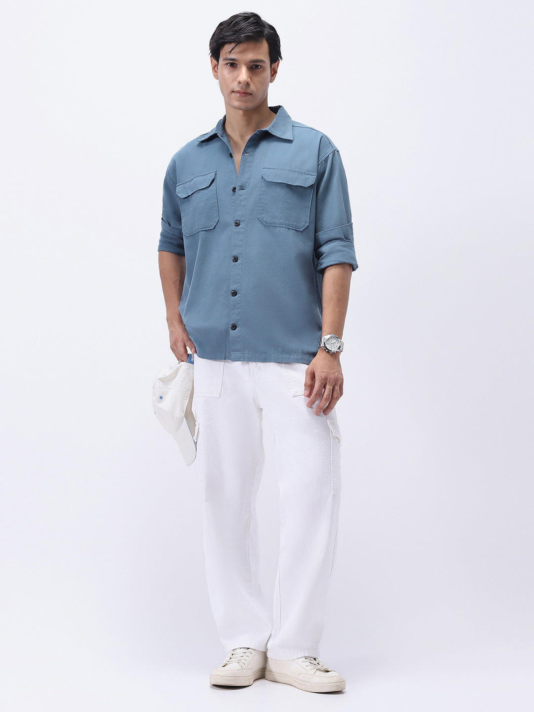 Men's Blue Cotton Full Sleeve Relaxed Fit Shacket with Utility Pockets