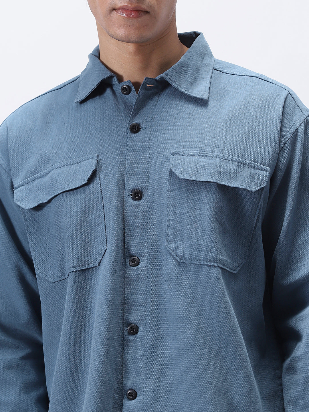 Men's Blue Cotton Full Sleeve Relaxed Fit Shacket with Utility Pockets