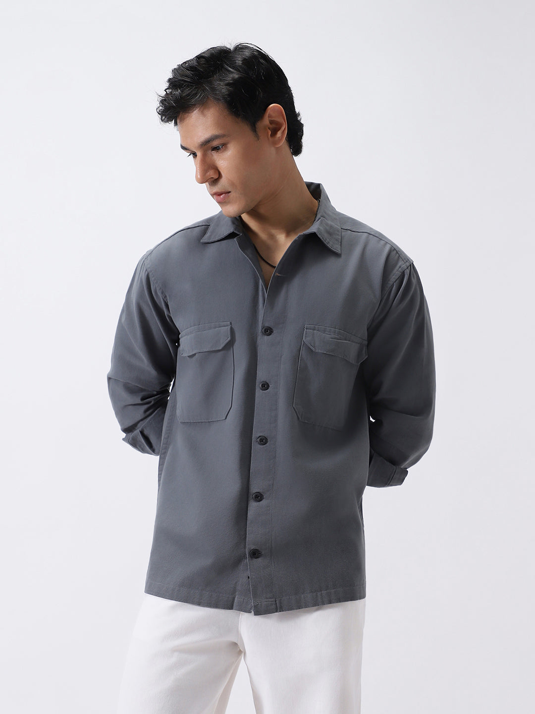 Men's Grey Cotton Full Sleeve Relaxed Fit Shacket with Utility Pockets