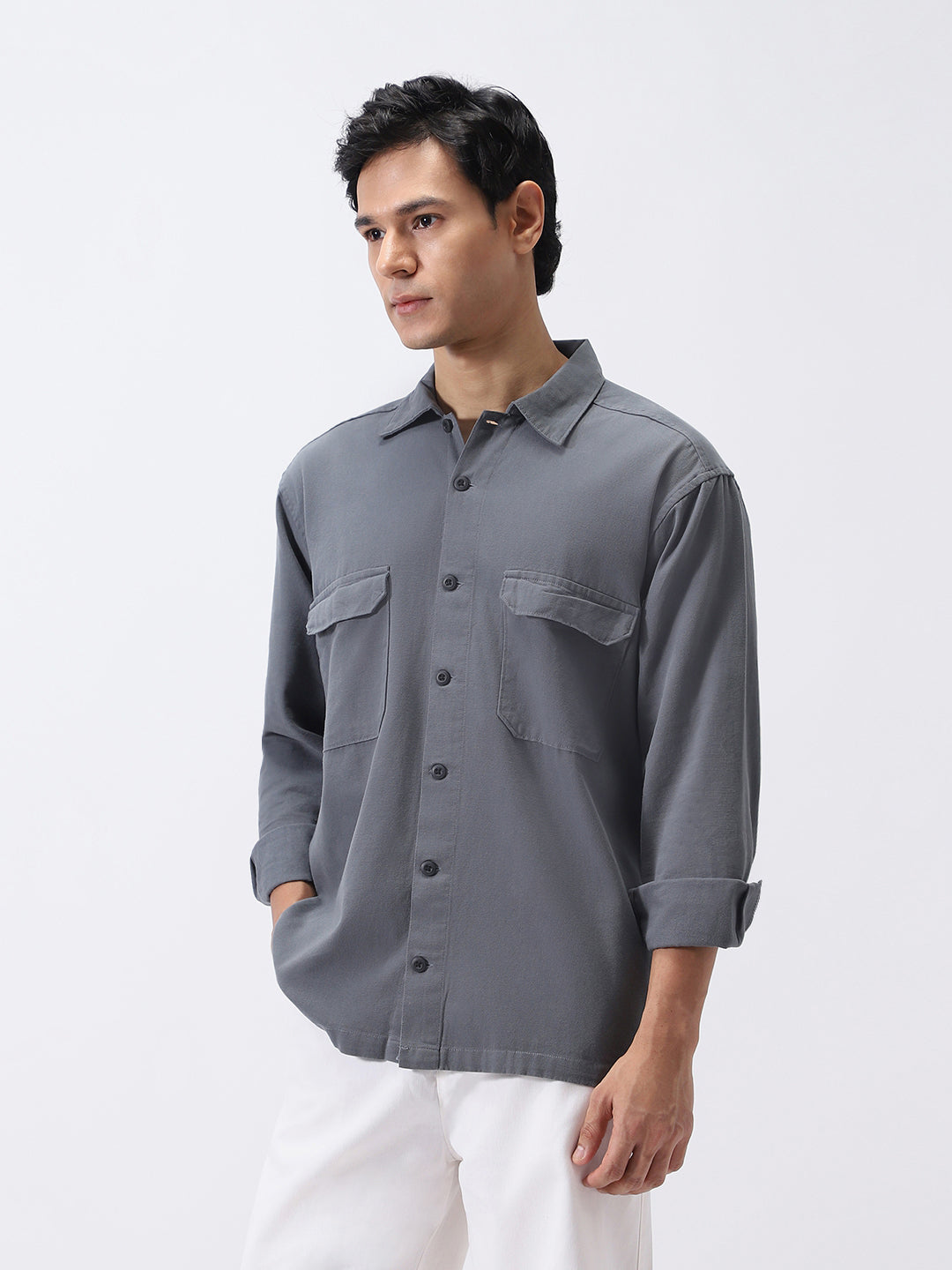 Men's Grey Cotton Full Sleeve Relaxed Fit Shacket with Utility Pockets