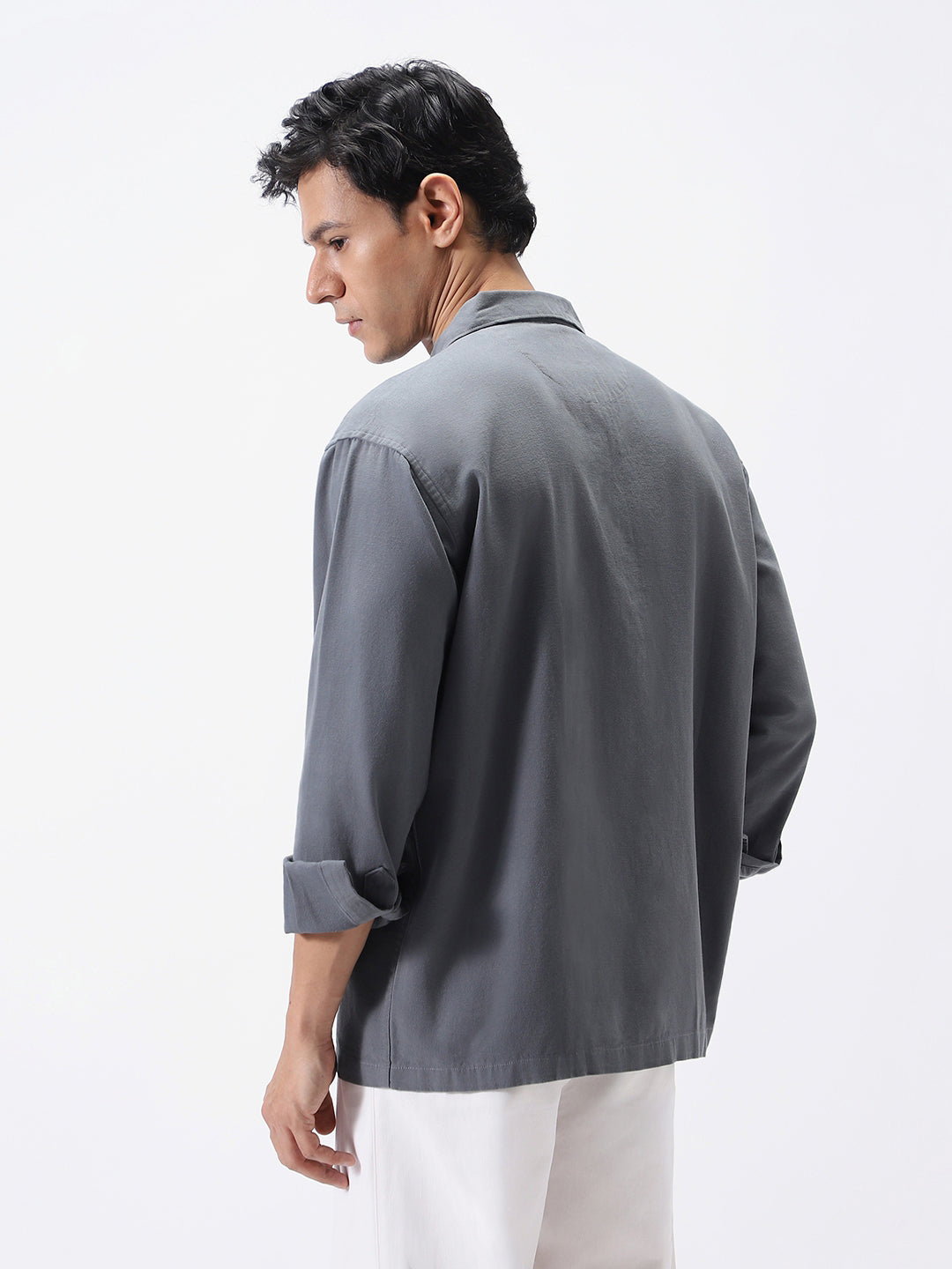 Men's Grey Cotton Full Sleeve Relaxed Fit Shacket with Utility Pockets