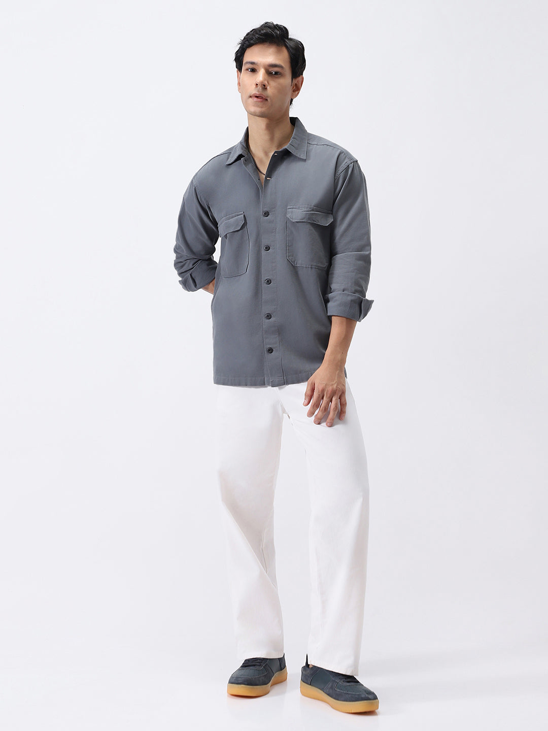 Men's Grey Cotton Full Sleeve Relaxed Fit Shacket with Utility Pockets