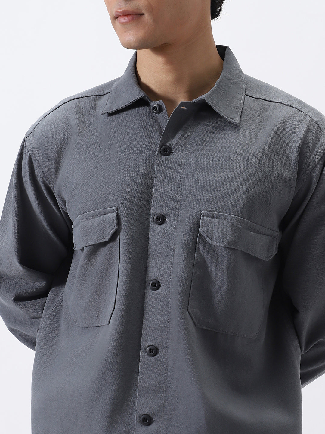 Men's Grey Cotton Full Sleeve Relaxed Fit Shacket with Utility Pockets