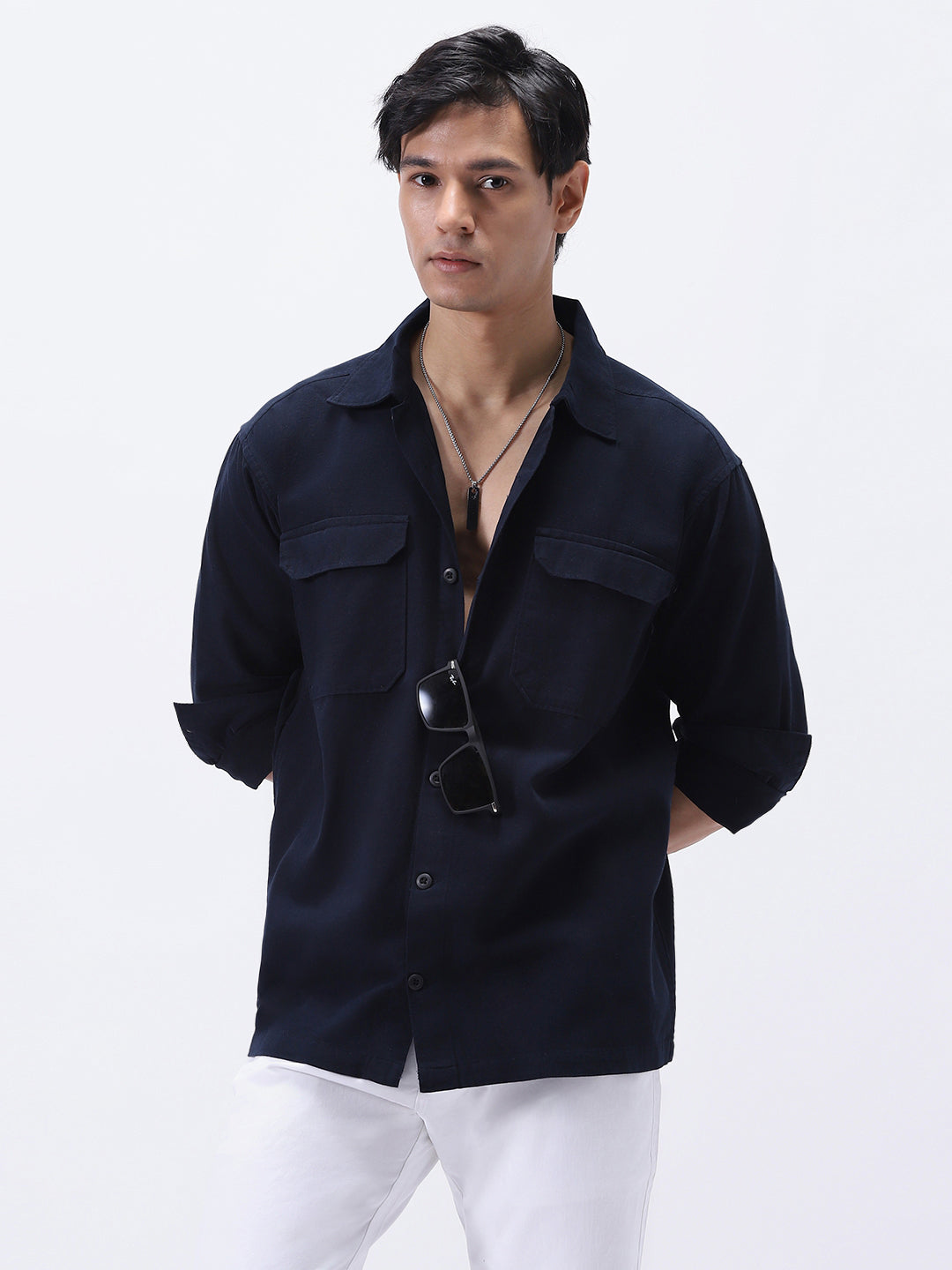 Men's Navy Cotton Full Sleeve Relaxed Fit Shacket with Utility Pockets