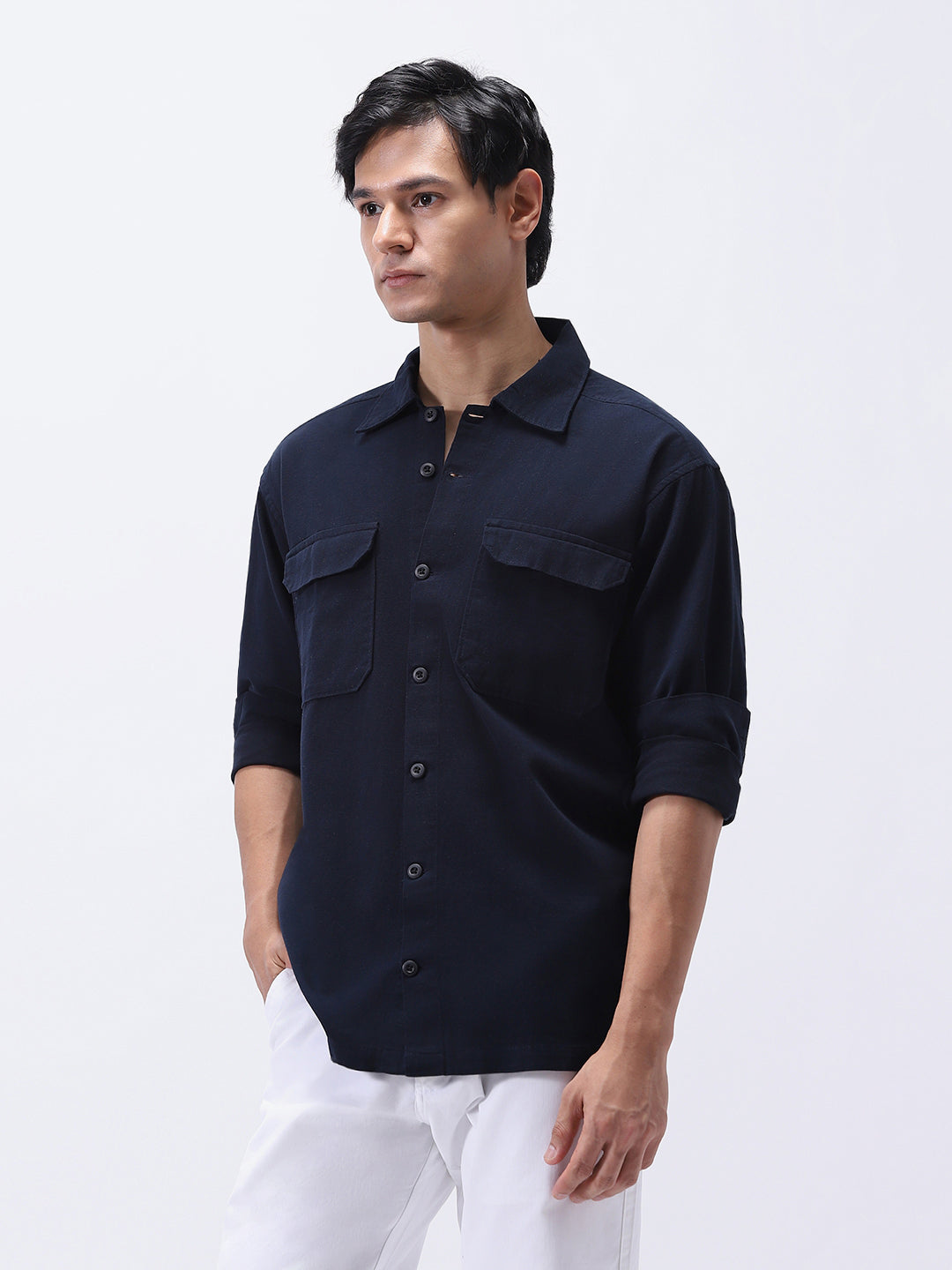 Men's Navy Cotton Full Sleeve Relaxed Fit Shacket with Utility Pockets