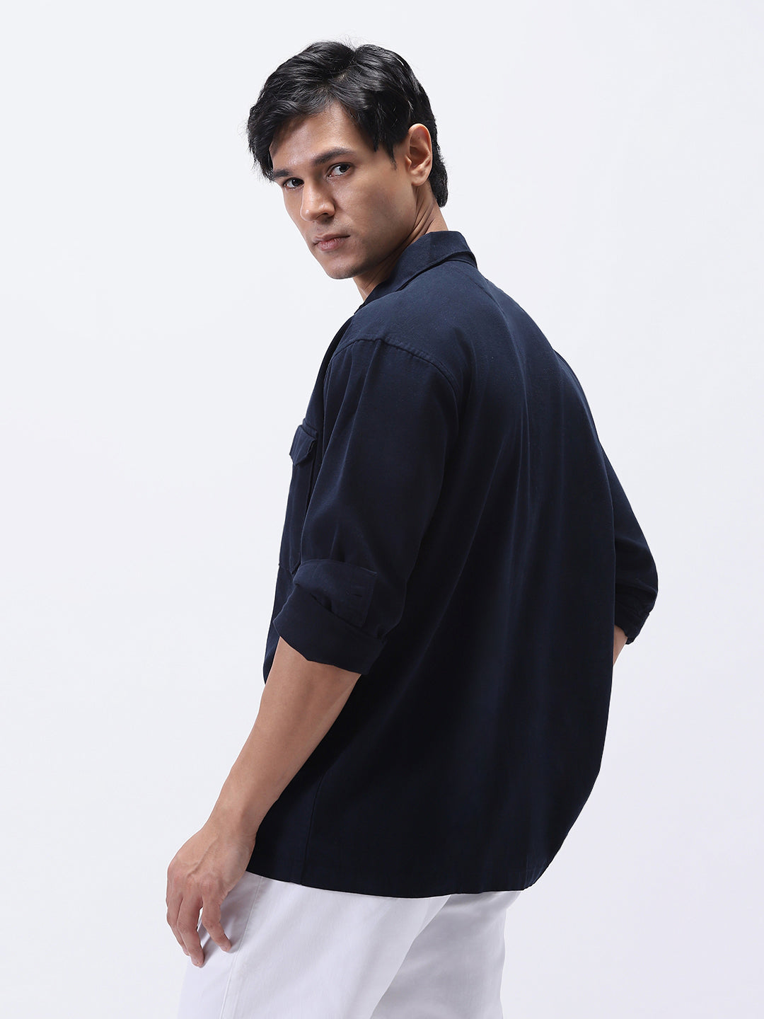 Men's Navy Cotton Full Sleeve Relaxed Fit Shacket with Utility Pockets