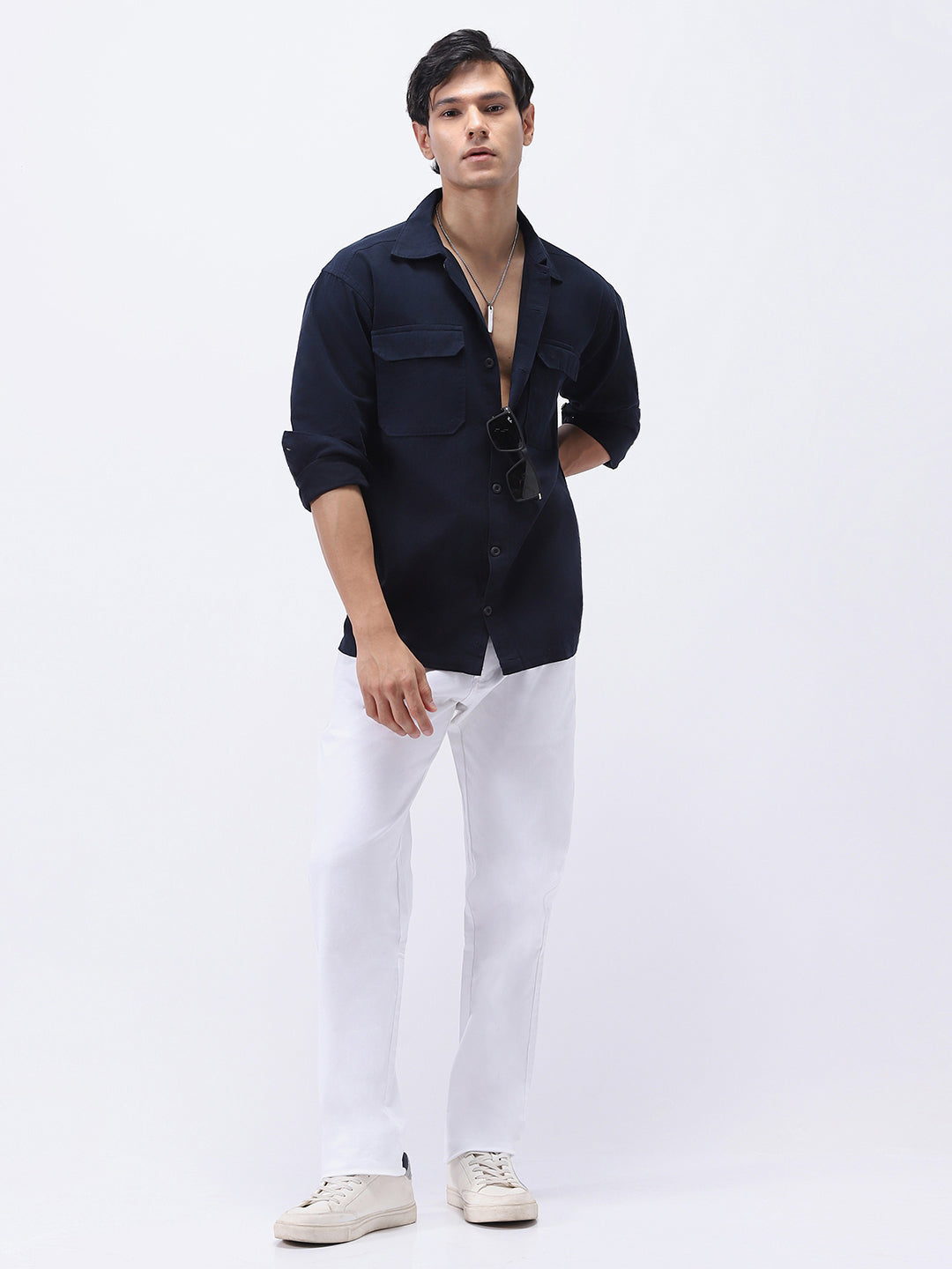 Men's Navy Cotton Full Sleeve Relaxed Fit Shacket with Utility Pockets