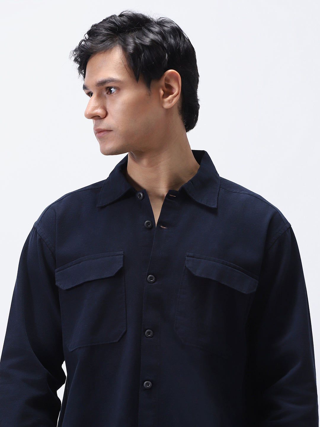 Men's Navy Cotton Full Sleeve Relaxed Fit Shacket with Utility Pockets