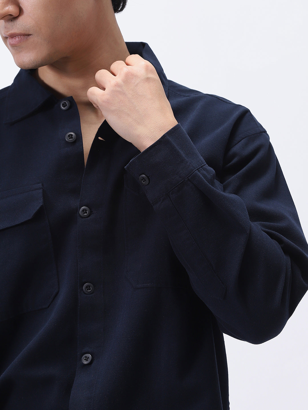 Men's Navy Cotton Full Sleeve Relaxed Fit Shacket with Utility Pockets