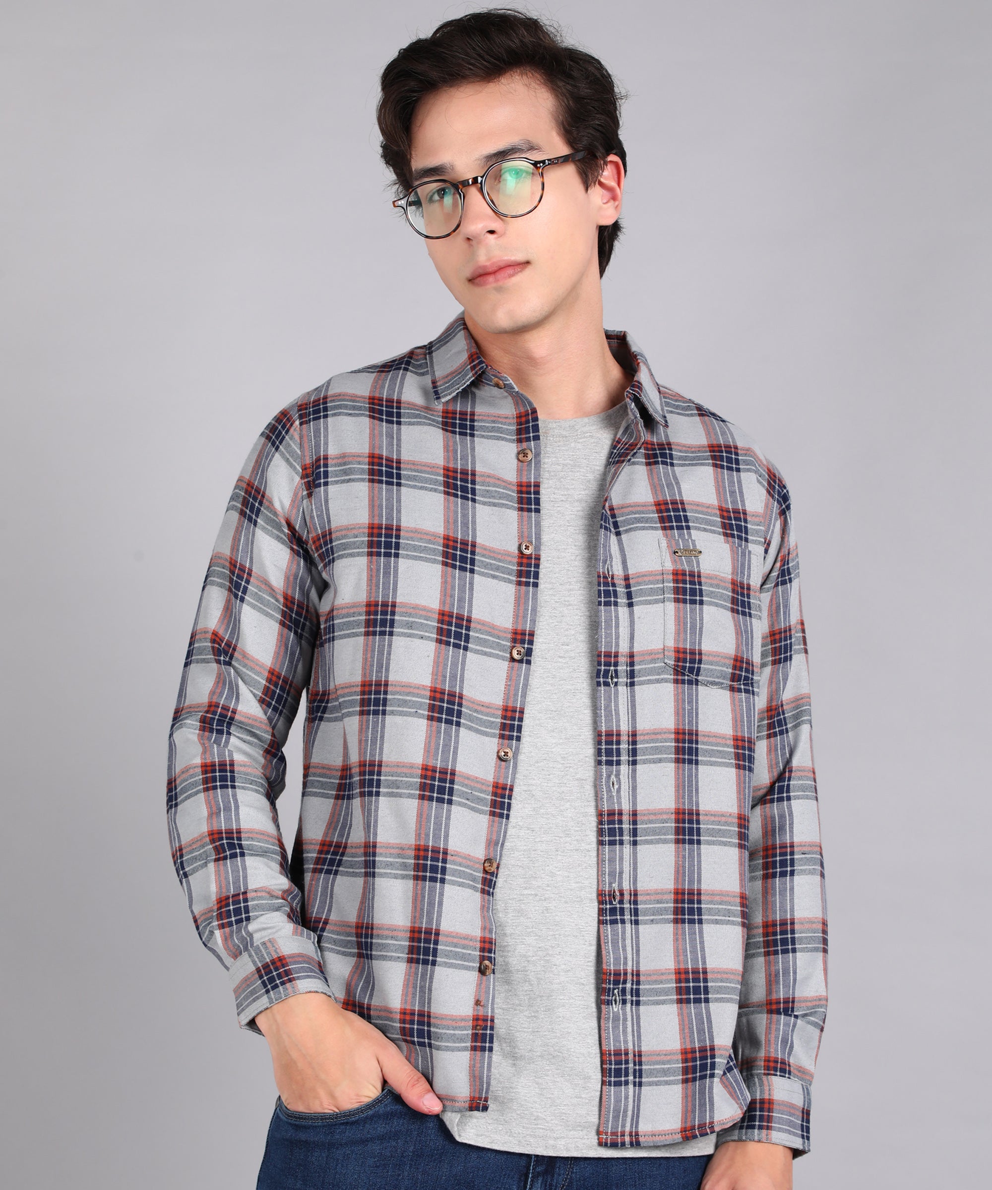 Men's Grey Cotton Full Sleeve Slim Fit Casual Checkered Shirt