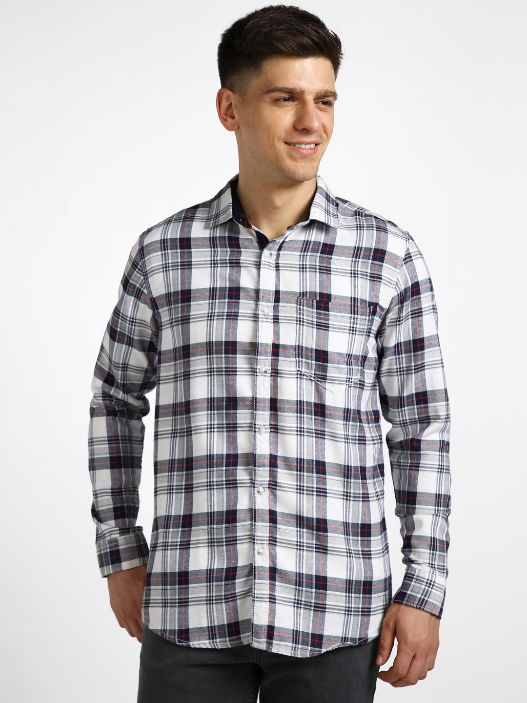 Men's White Cotton Full Sleeve Slim Fit Casual Checkered Shirt with Hooded Collar