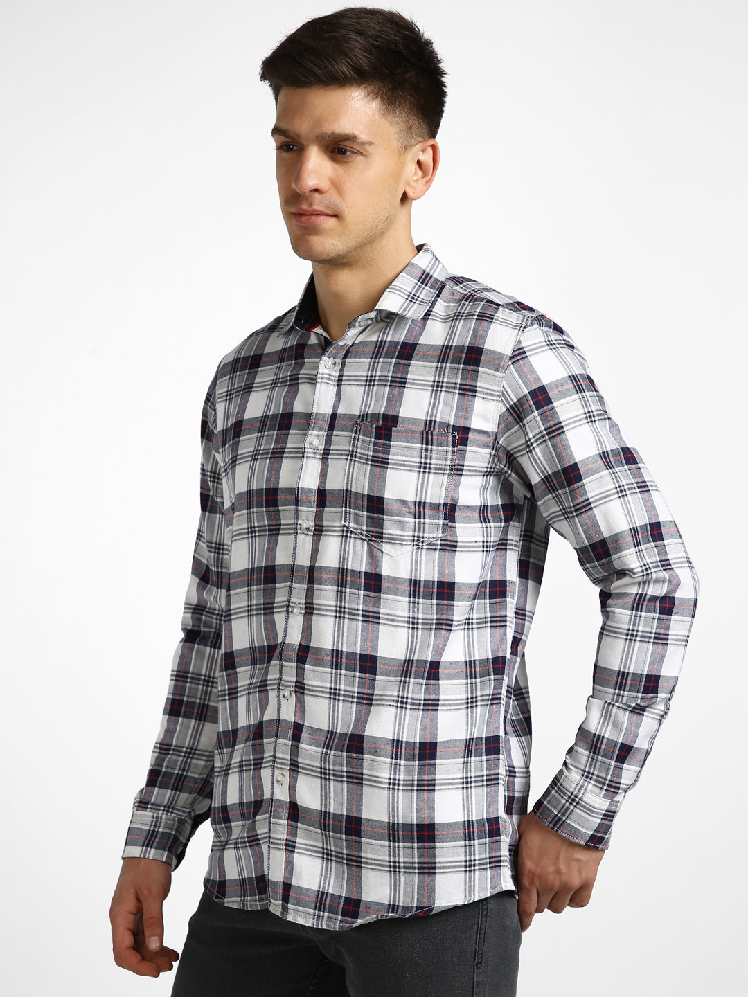 Men's White Cotton Full Sleeve Slim Fit Casual Checkered Shirt with Hooded Collar