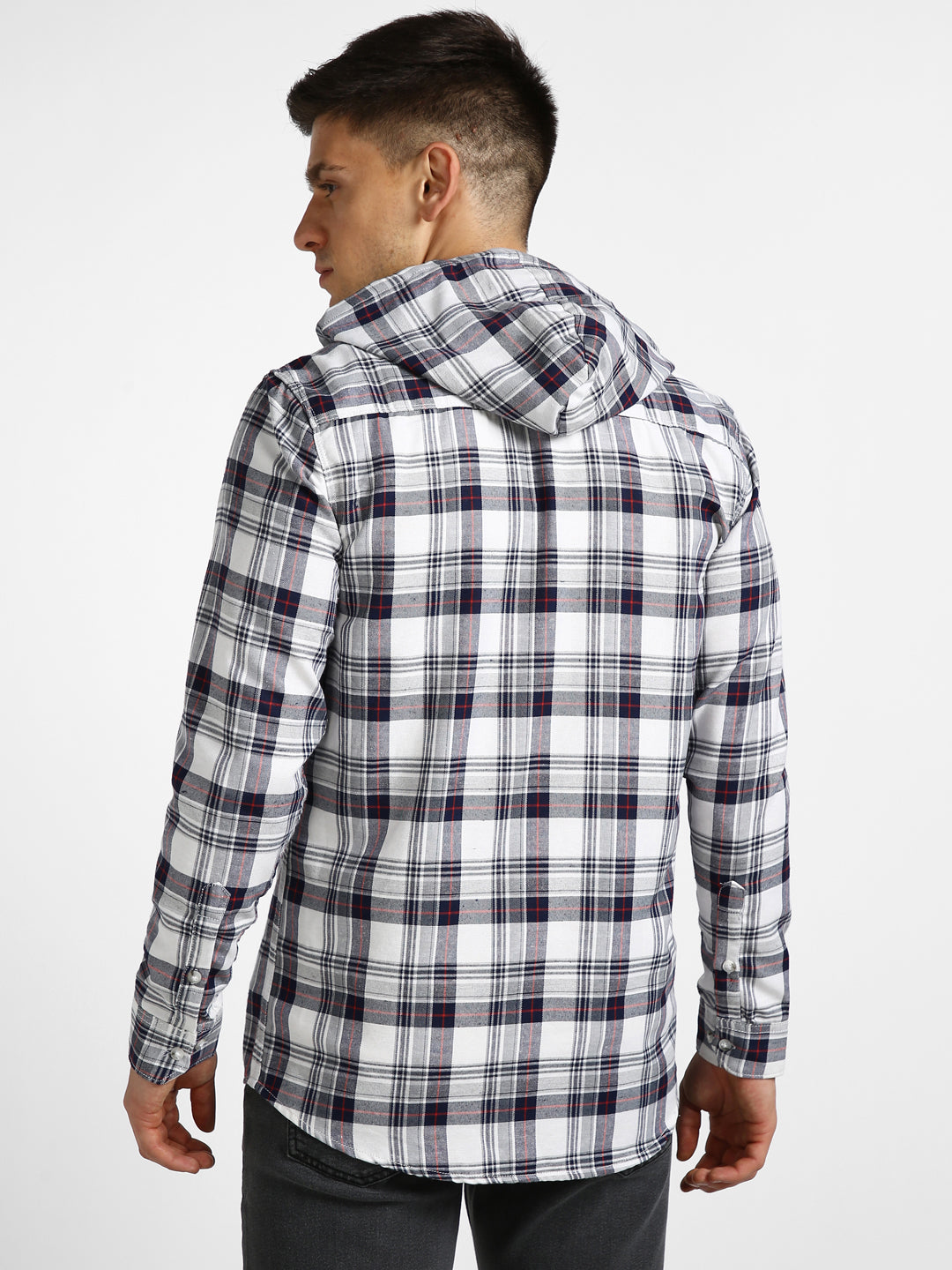 Men's White Cotton Full Sleeve Slim Fit Casual Checkered Shirt with Hooded Collar