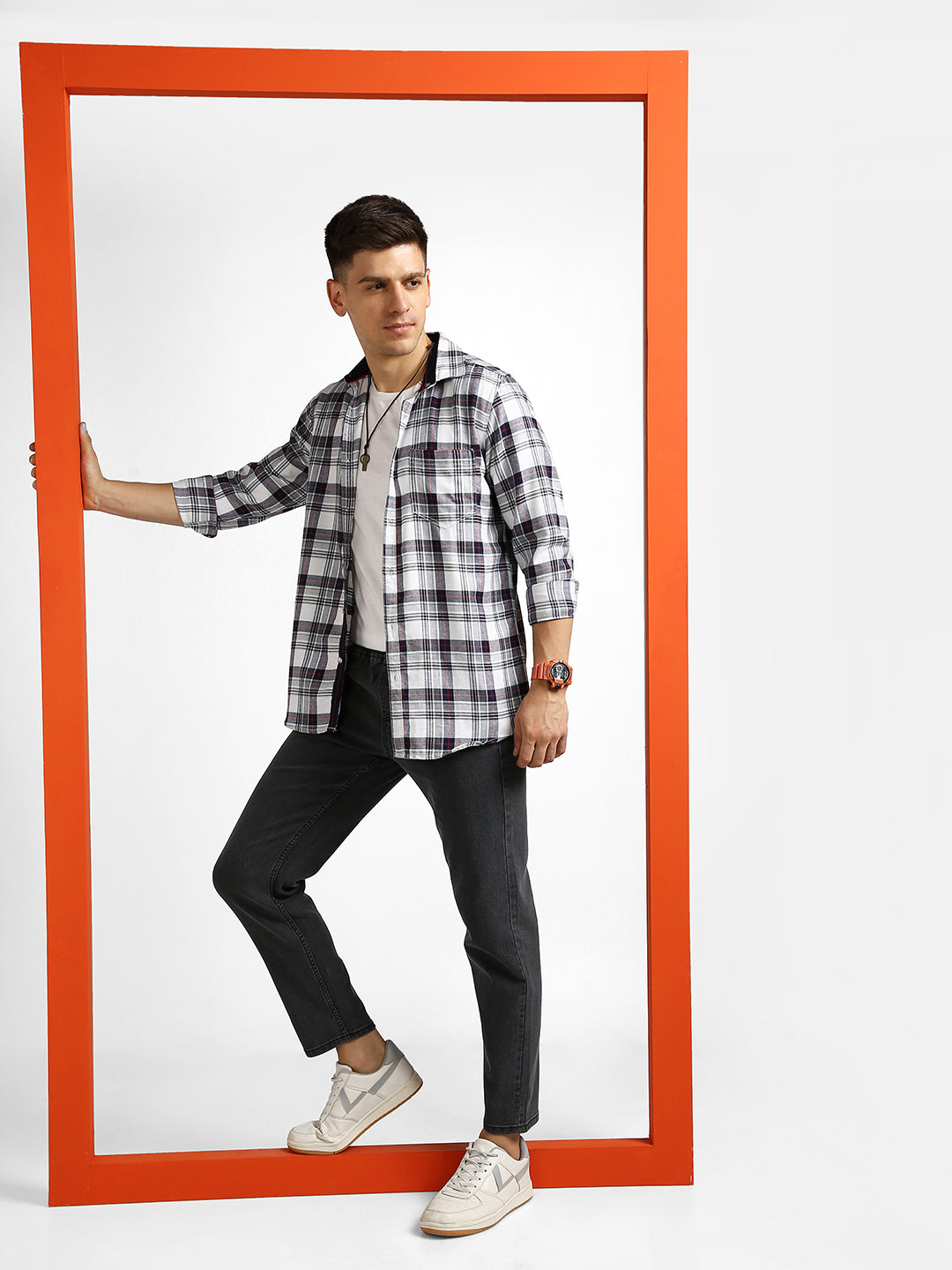 Men's White Cotton Full Sleeve Slim Fit Casual Checkered Shirt with Hooded Collar
