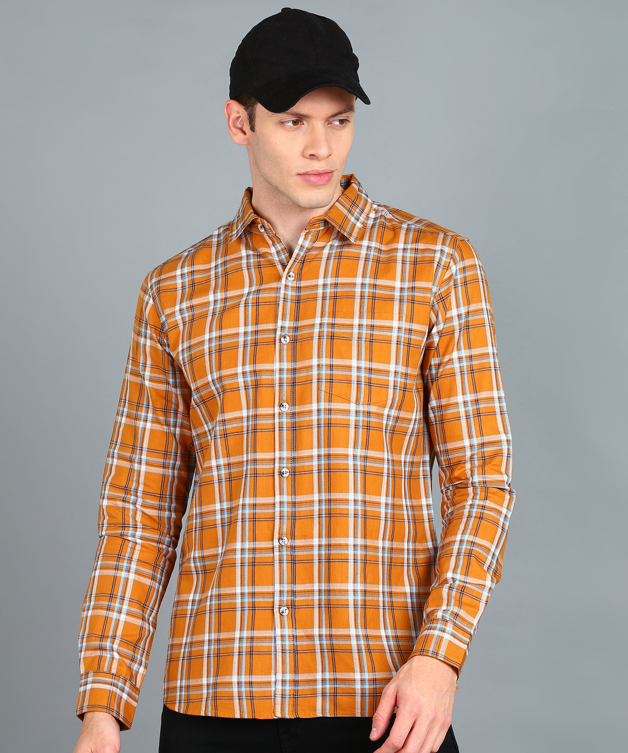 Men's Yellow Cotton Full Sleeve Slim Fit Casual Checkered Shirt
