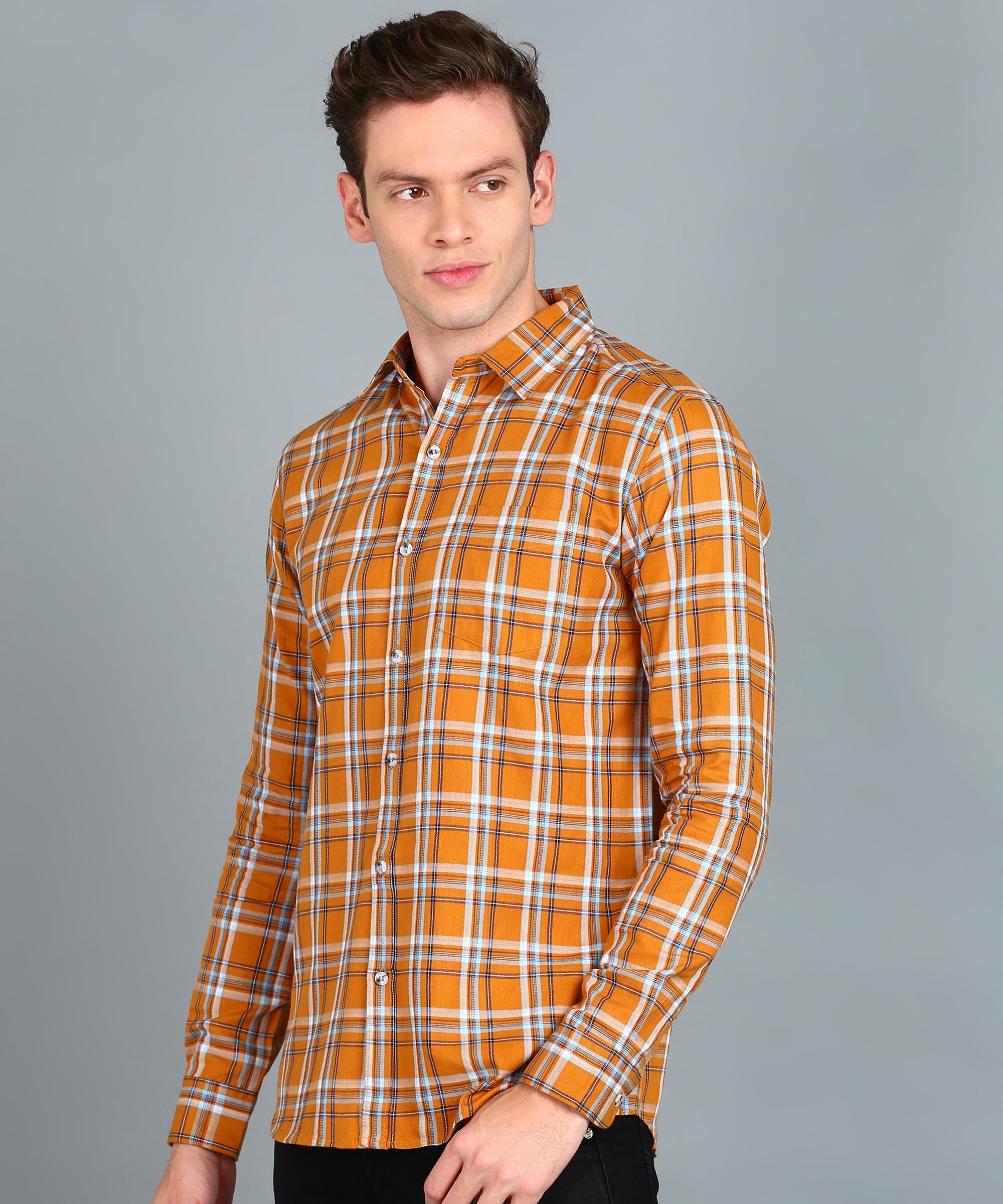 Men's Yellow Cotton Full Sleeve Slim Fit Casual Checkered Shirt