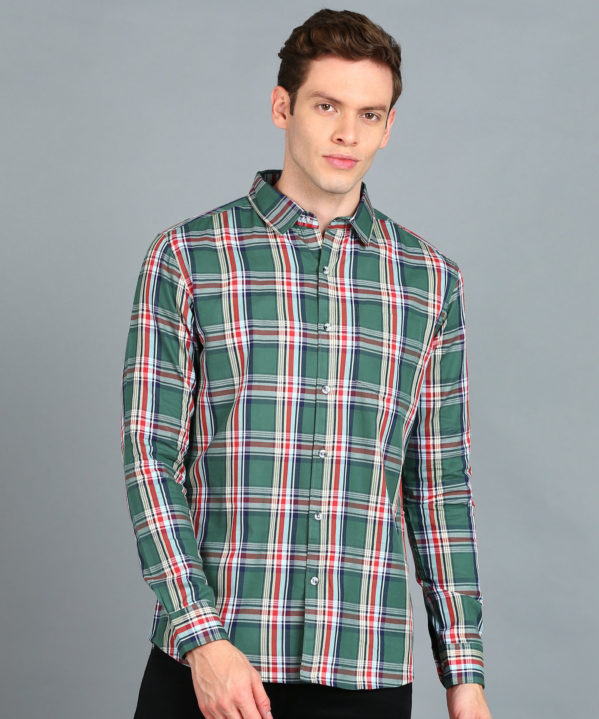 Men's Green Cotton Full Sleeve Slim Fit Casual Checkered Shirt