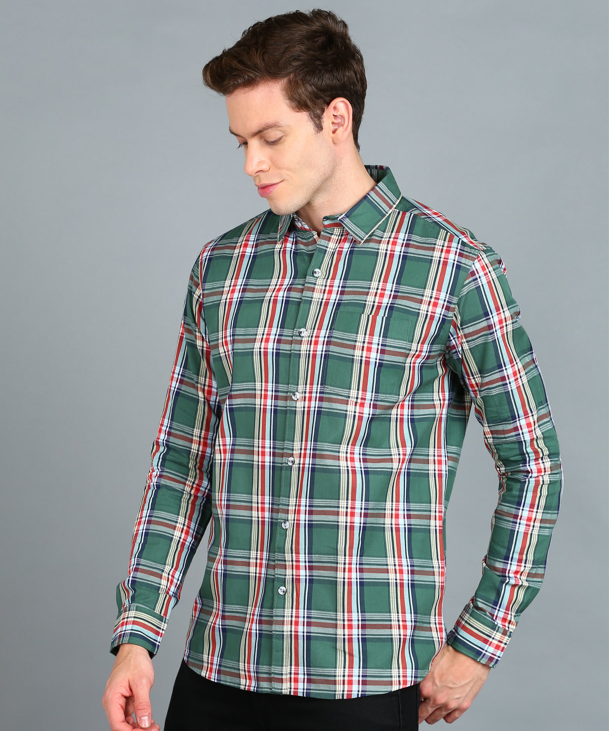 Men's Green Cotton Full Sleeve Slim Fit Casual Checkered Shirt