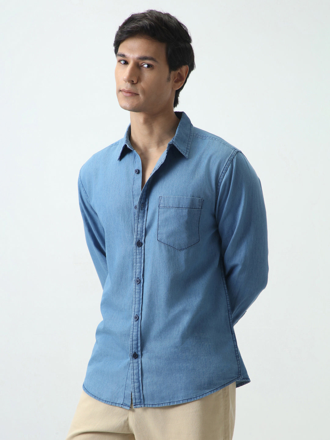Men's Light Blue Regular Fit Full Sleeve Solid Denim Shirt