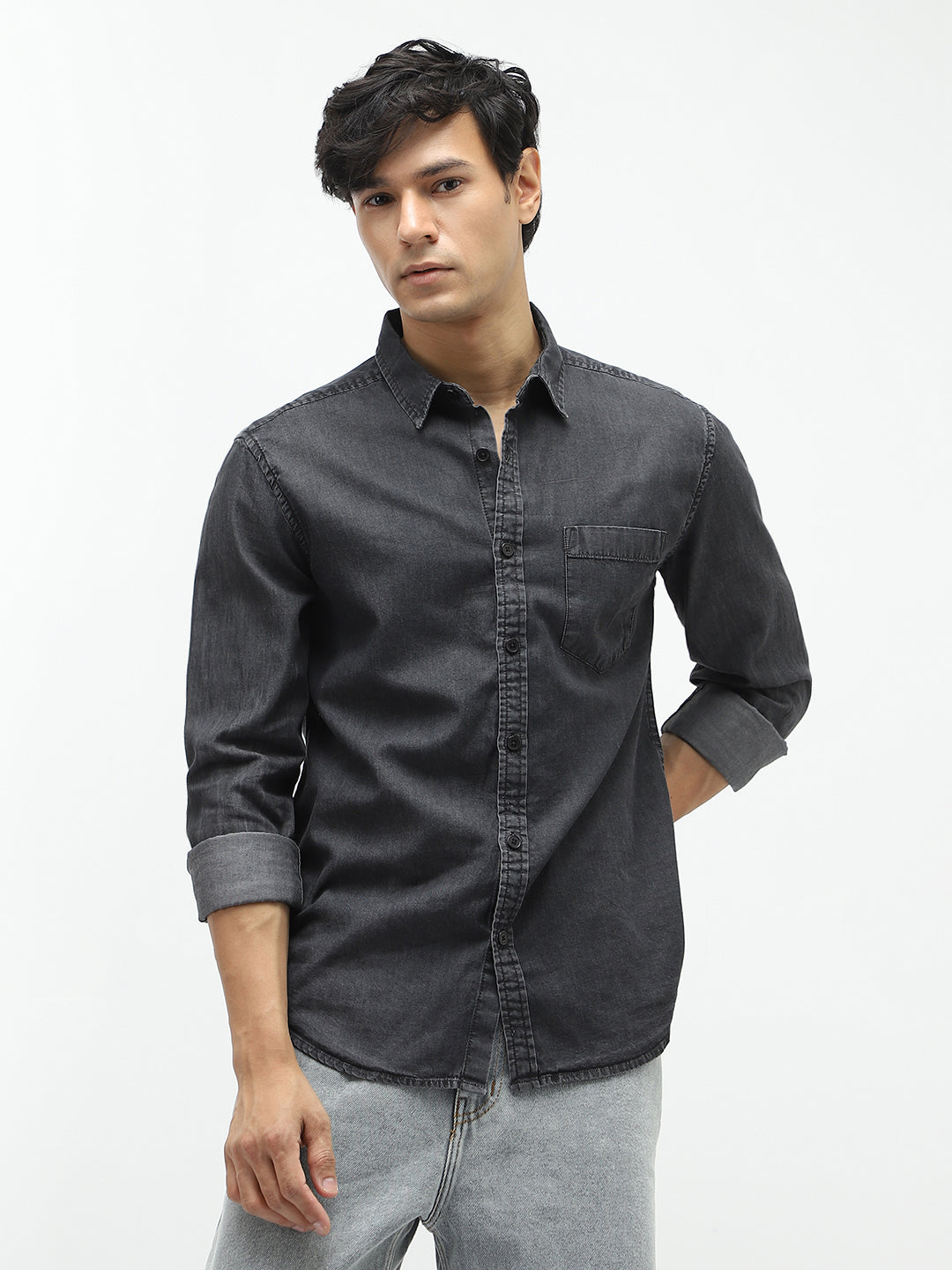 Men's Black Regular Fit Full Sleeve Washed Denim Shirt