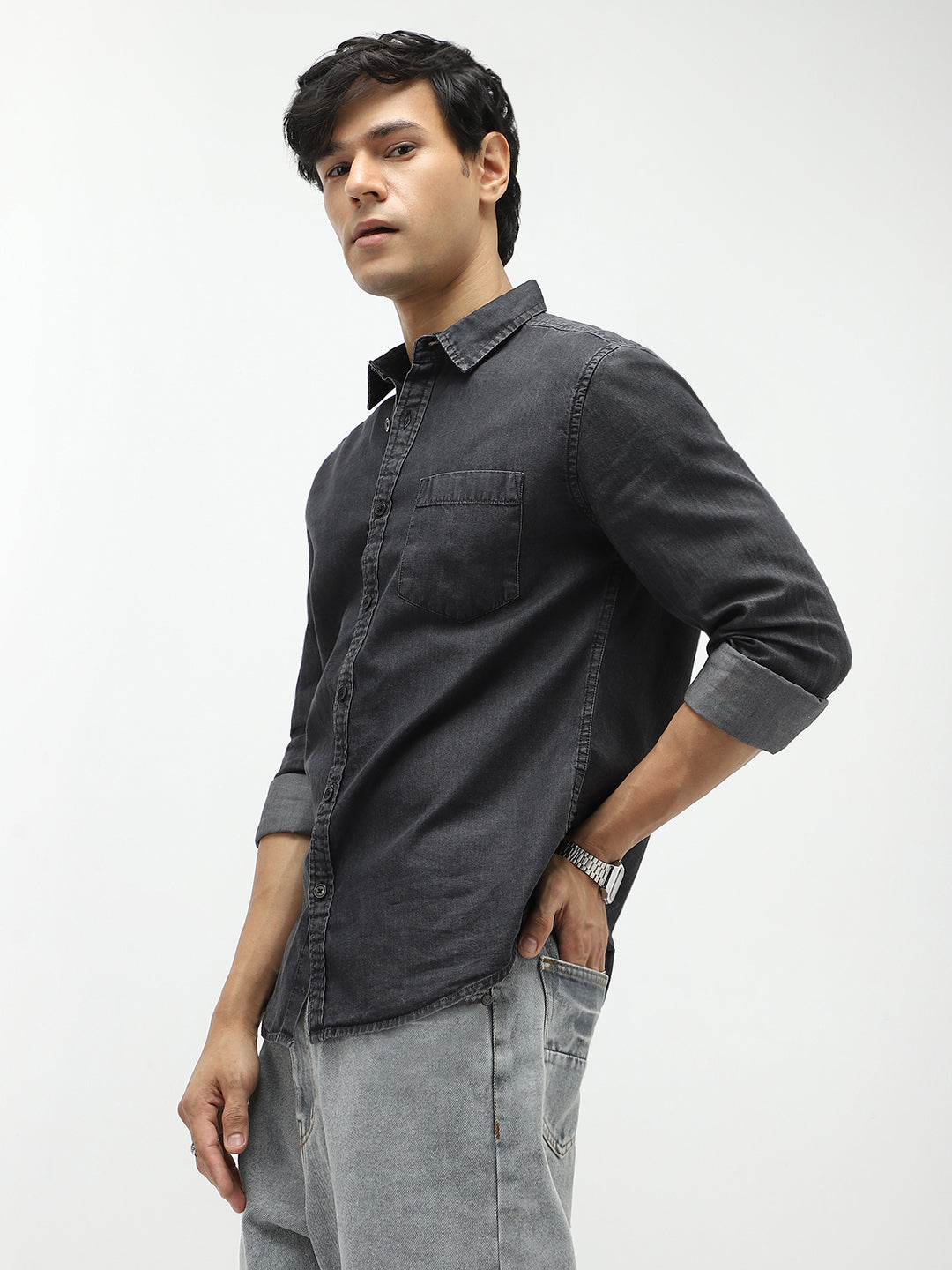 Men's Black Regular Fit Full Sleeve Washed Denim Shirt