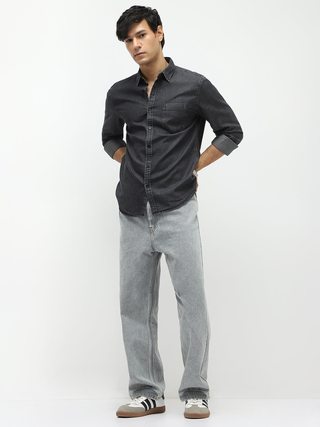 Men's Black Regular Fit Full Sleeve Washed Denim Shirt