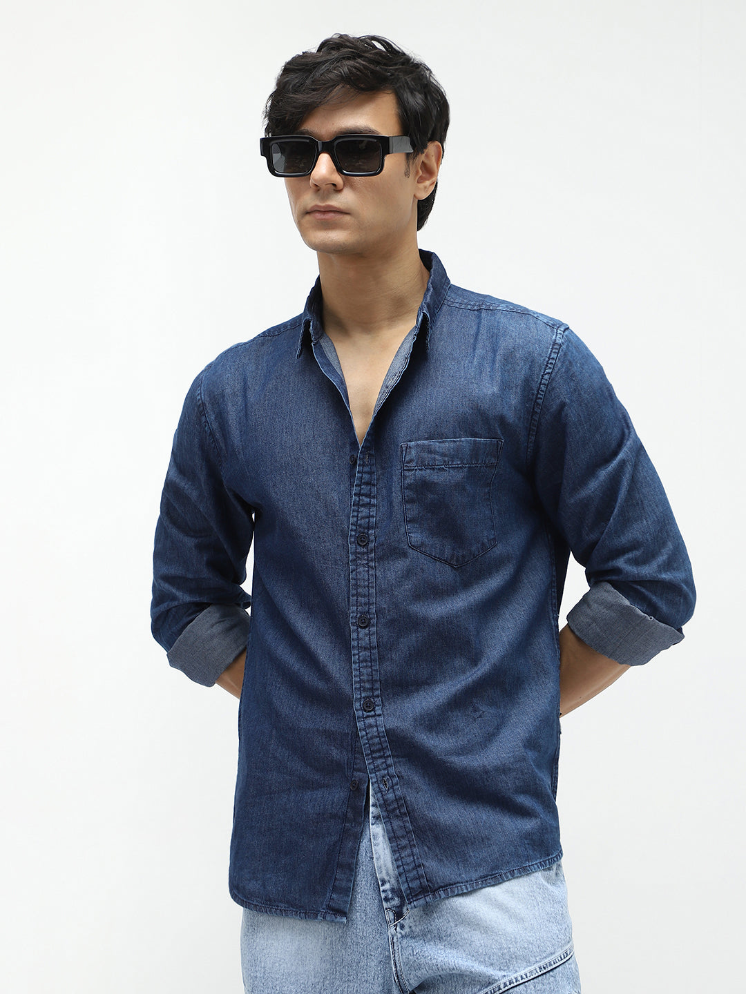 Men's Dark Blue Regular Fit Full Sleeve Washed Denim Shirt