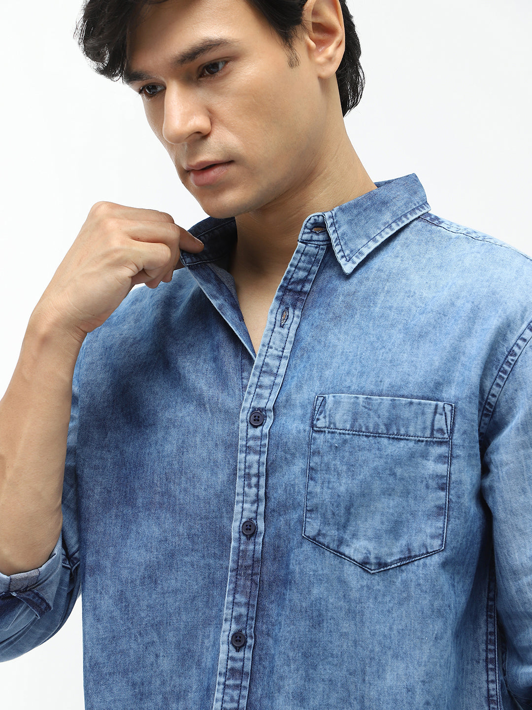 Men's Light Blue Regular Fit Full Sleeve Washed Denim Shirt
