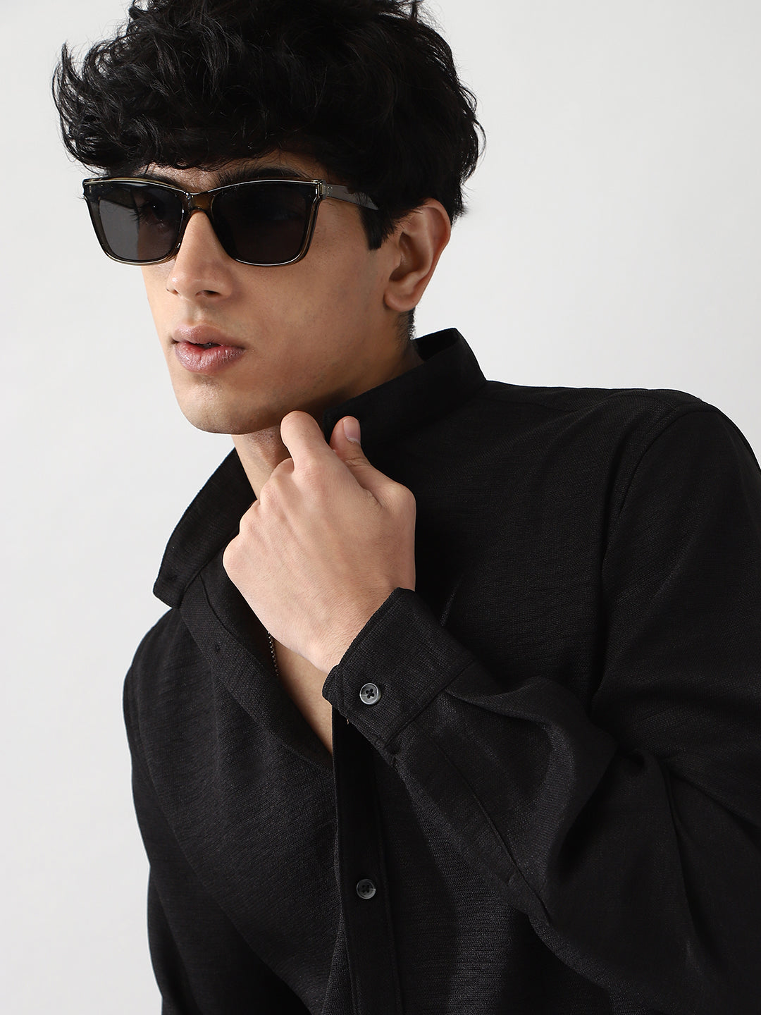 Men's Black Linen Blend Full Sleeve Relaxed Fit Mandarin Collar Casual Solid Shirt