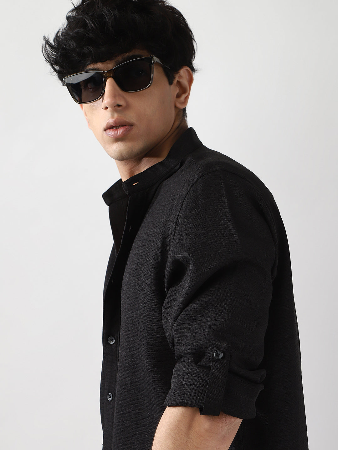 Men's Black Linen Blend Full Sleeve Relaxed Fit Mandarin Collar Casual Solid Shirt